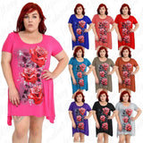 Womens Ladies Hanky Hem Rose Printed Plus Size Short Sleeve T Shirt Tunic Top Roses
