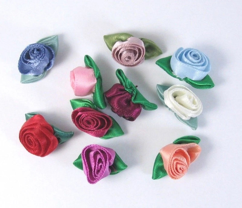 Satin rolled ribbon rose embellishments, assorted multicolor small flowers