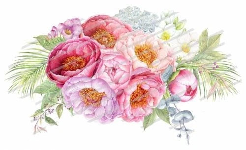 Pastel peony bouquet waterslide decal with pink, peach and white flowers and leaves