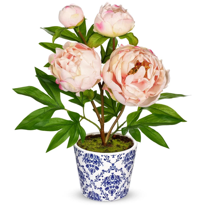Faux Peony Flowers in Blue and White Ceramic Pot Ð 13.8" Realistic Silk Peoni... Peony