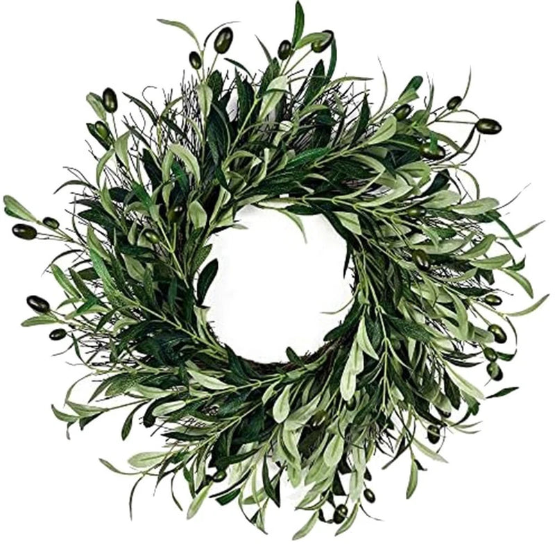 Artificial olive wreath with green leaves and small olives, round door decoration