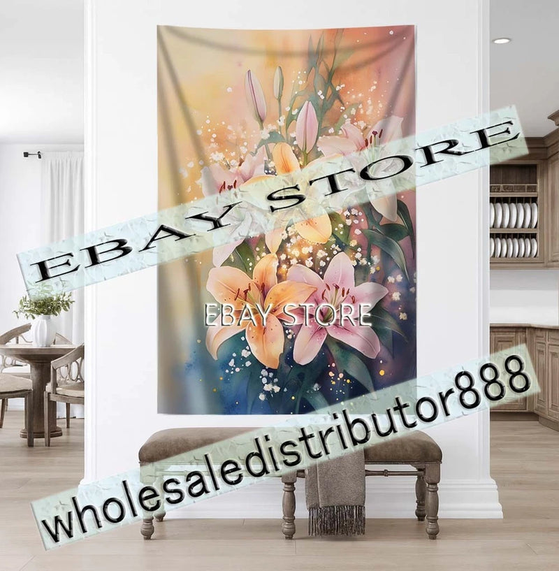Romantic lily flower bouquet tapestry with soft pastel blooms and hanging petals