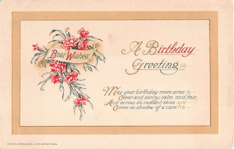 Vintage birthday postcard with pink carnation bouquet and Best Wishes greeting