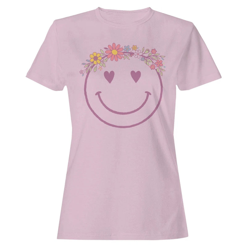 Women’s pink T-shirt with smiling face and floral rose graphic