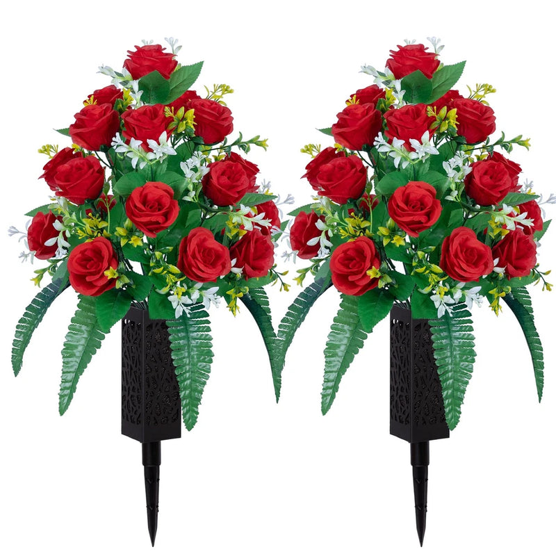 Set of 2 artificial cemetery rose grave decorations: red roses, green leaves, black stake vases.