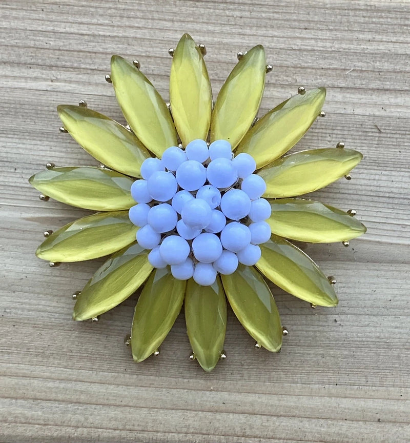 Sunflower Daisy Pin Brooch Yellow Rhinestones White Beads Gold Tone Flower Sunflower