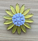Sunflower Daisy Pin Brooch Yellow Rhinestones White Beads Gold Tone Flower Sunflower