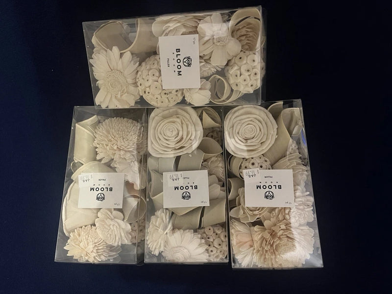 Antique white dried floral filler in four decorative boxes with assorted blooms