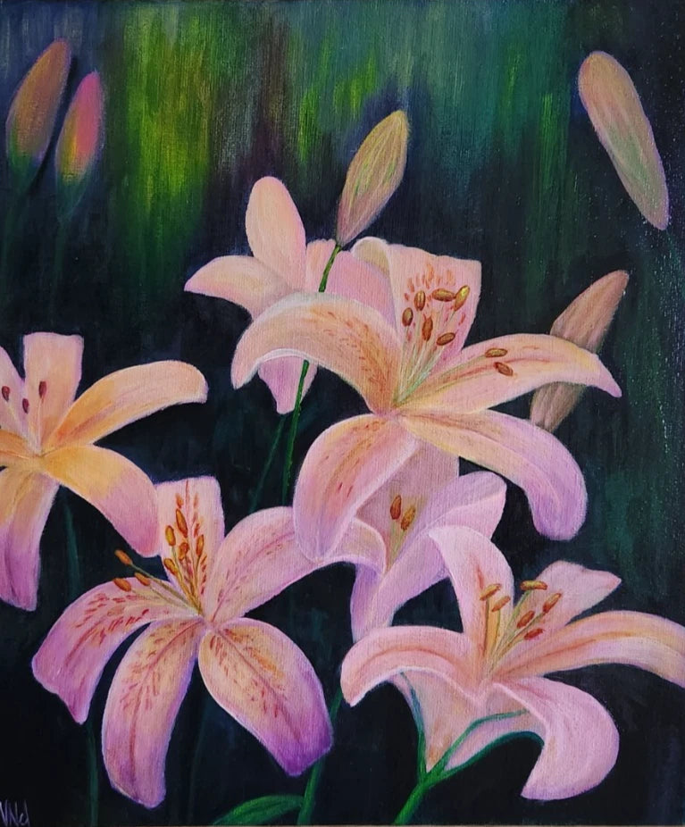 Original acrylic floral painting of pink lilies with green stems