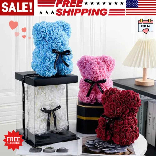 Blue rose teddy bear gift in a black box