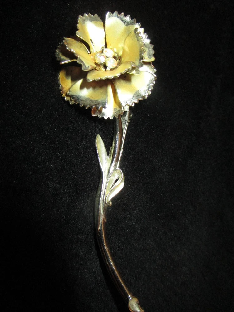 VINTAGE LARGE SILVER COLOR CARNATION RHINESTONE FLOWER 4" PIN BROOCH Carnation