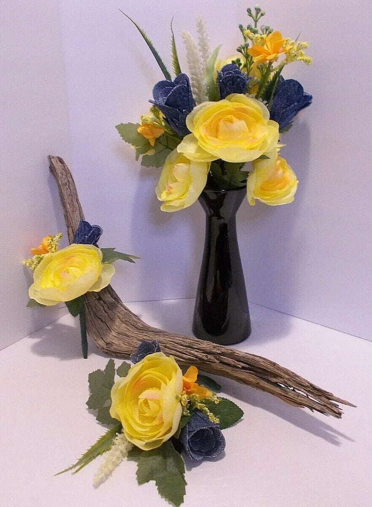 Bridal Denim Roses and Yellow Ranunculus Bouquet & Corsage & Boutonniere Set Ranunculus