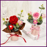 Knitted Flower Bouquet Crochet Rose Flowers Hugging Bucket New Year Gifts Living Sunflower