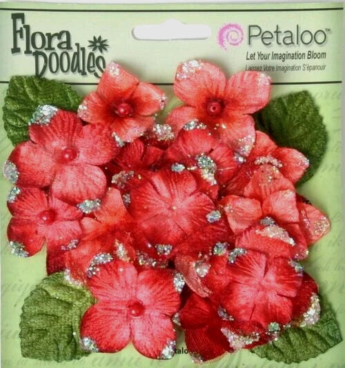 Hydrangeas RED 22 flower & leaf mix VELVET GLITTER 20-30mm Petaloo HYD OAF Hydrangea