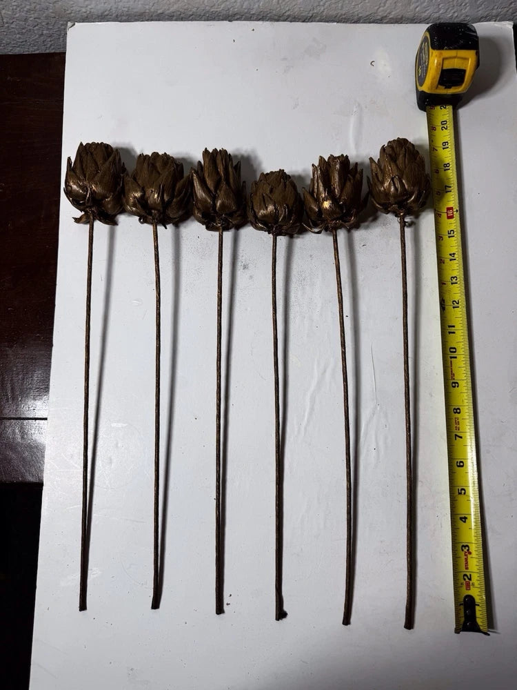 Set of 6 dried artichoke stems with dark brown flower heads on long stalks