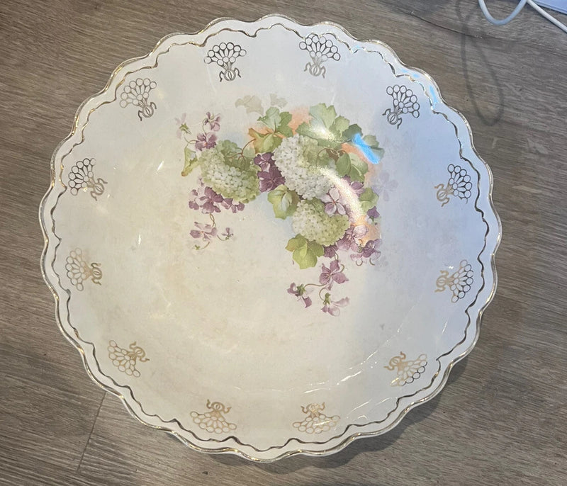 STEUBENVILLE BOWL GOLD RIM Green Hydrangea & Purple Flowers 10.5 X 2.75 Vintage Hydrangea