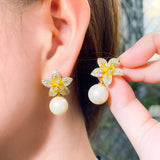 Gold Plated Lily Flower Drop Pearl Dangle Earrings Women Wedding Zircon Jewelry Lily