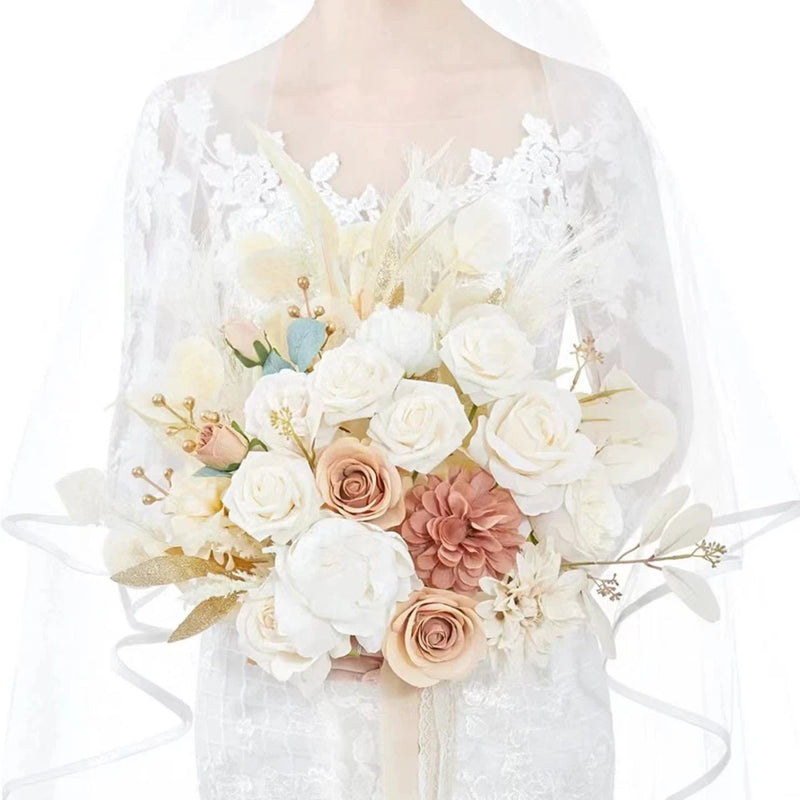 Artificial Rose Bridal Bouquet Ribbon Beaded Wedding Handheld Prop Decoration Bouquet