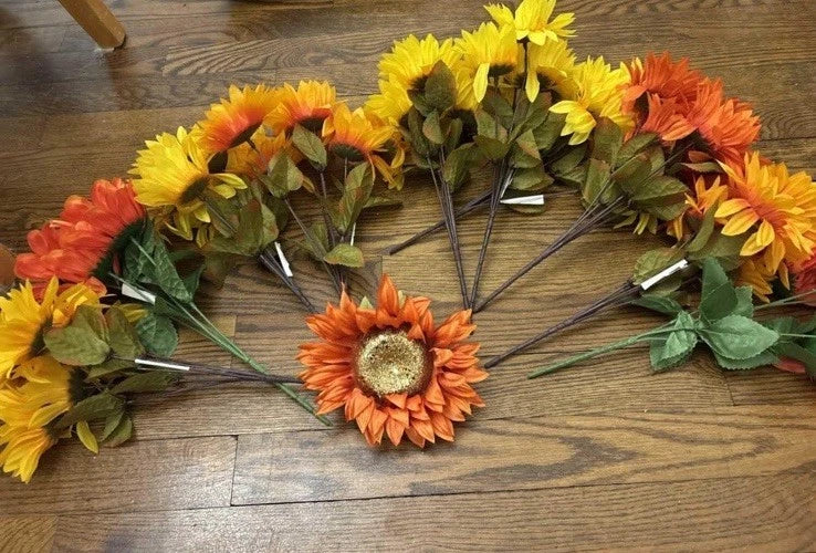 Artificial multicolor sunflower bunch stems with faux blooms and green leaves