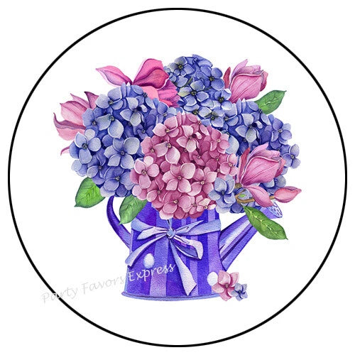 30 PINK BLUE HYDRANGEA WATERING CAN ENVELOPE SEALS LABELS STICKERS FAVOR 1.5" Hydrangea