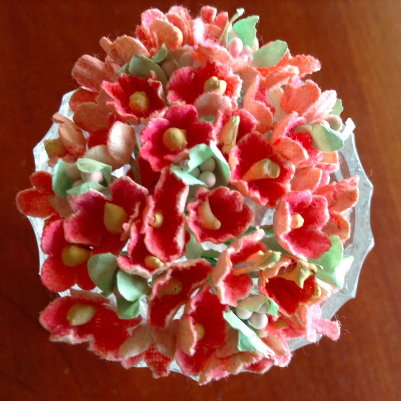 Peach pink forget-me-not flower bunch with green leaves, cluster for hat or hair
