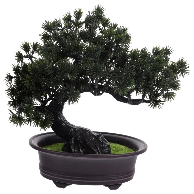 Artificial bonsai pine tree with green needles in dark gray ribbed pot