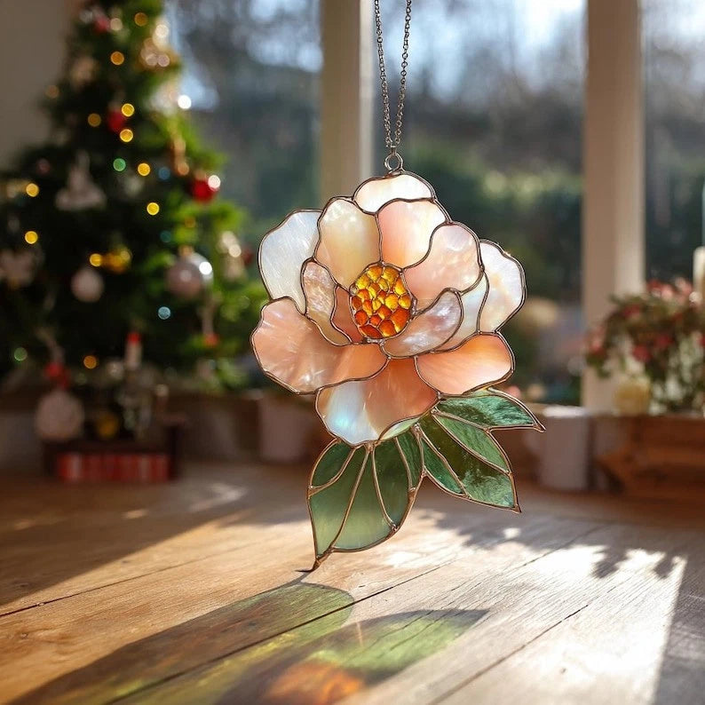 Peony acrylic suncatcher hanging ornament with chain, stained-glass style flower detail
