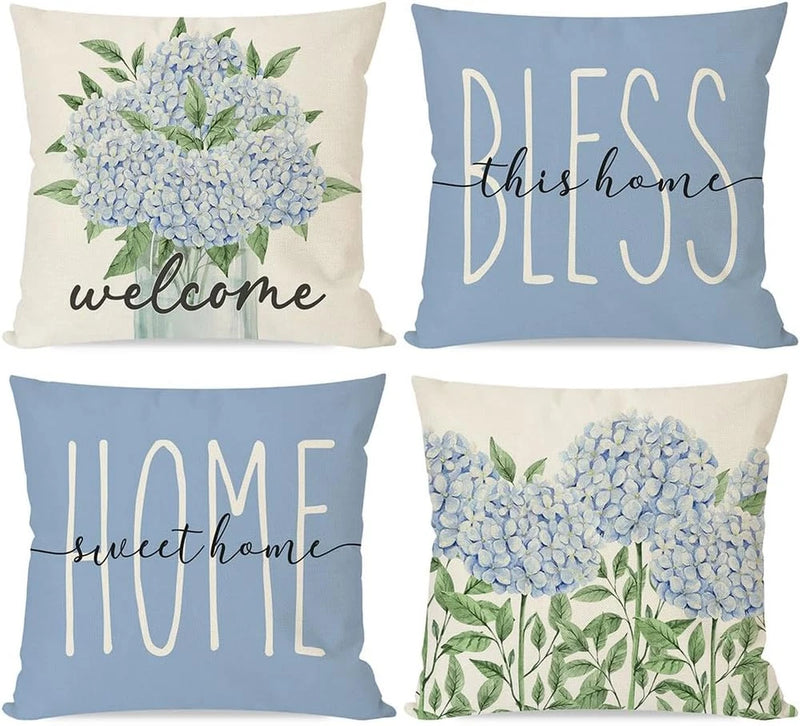 Blue Hydrangea Throw Pillow Covers 18X18 Inch Bless This Home Sweet Home Flower Hydrangea
