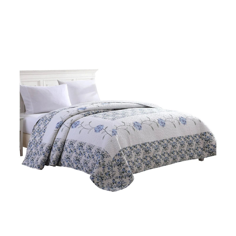 Quilted floral embroidered bedspread in light blue and white, full bed coverage