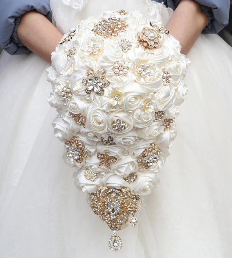 Luxury Cascade Bridal Wedding Bouquet Satin Rose Waterfall Holding Bouquet Ar... Bouquet