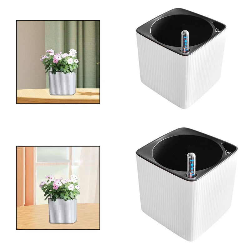 Compact self-watering planter pot with white textured body and black top reservoir insert