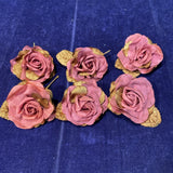 6pc Millinery Flower  Rose Pink Cinnamon Brown 3 1/2Ó w/2 velvet leaves  G89a Roses