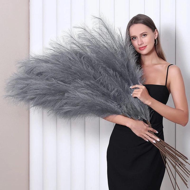 8Pcs 45" Tall Faux Pampas Grass Decor, Large Artificial Grey Pompous Grass Bulk Pampas Grass