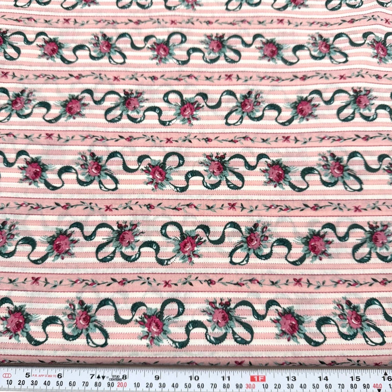 Vintage Florals & Ribbons Pink White Striped Lightweight Cotton by the HALF YARD Flowering Plants