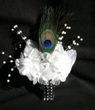 Peacock Feather Wedding BOUTONNIERE, White flower, CORSAGE,PROM,Quincea–era,Gift Bouquet