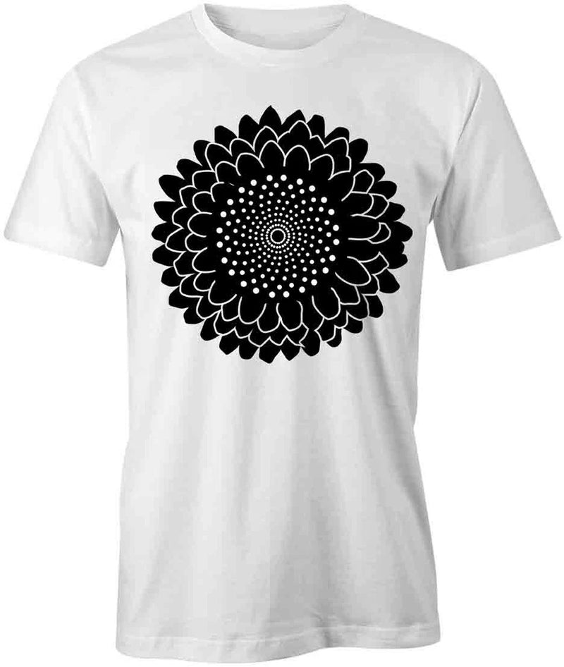 Cotton white T-shirt with large black sunflower-style floral graphic on front