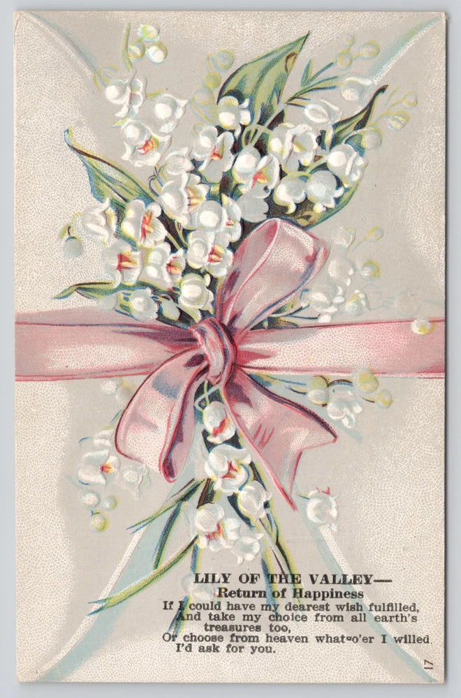 Embossed lily of the valley floral postcard with white blossoms and pink ribbon bow