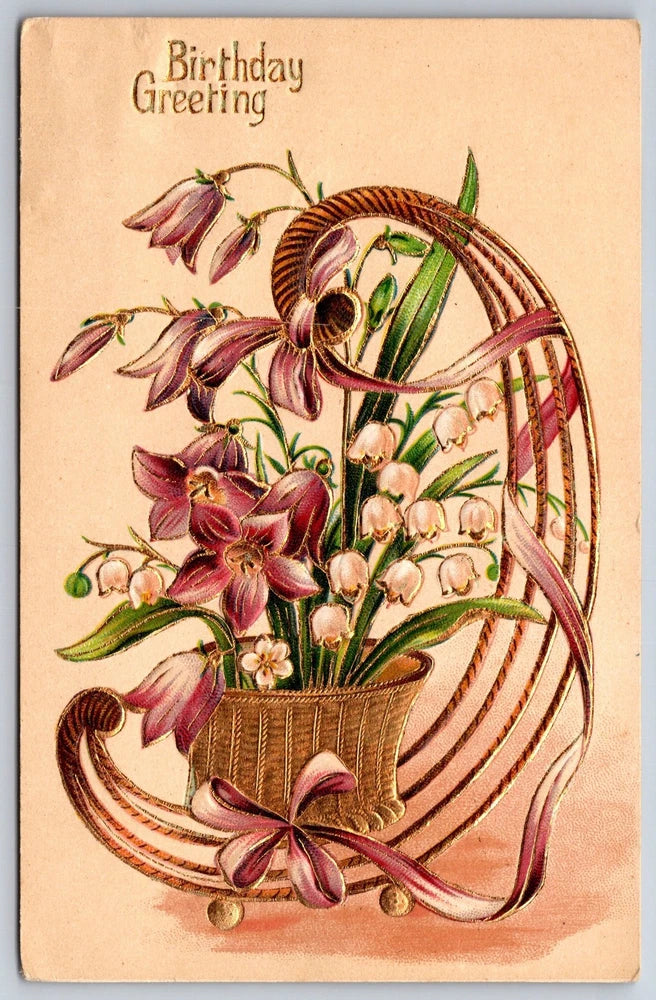 Vintage birthday greeting postcard with heart-shaped flower basket and ribbon