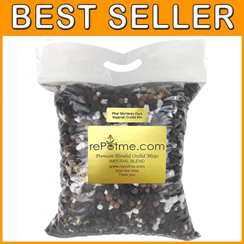 Bag of blended orchid potting mix, with dark bark and light specks in clear packaging