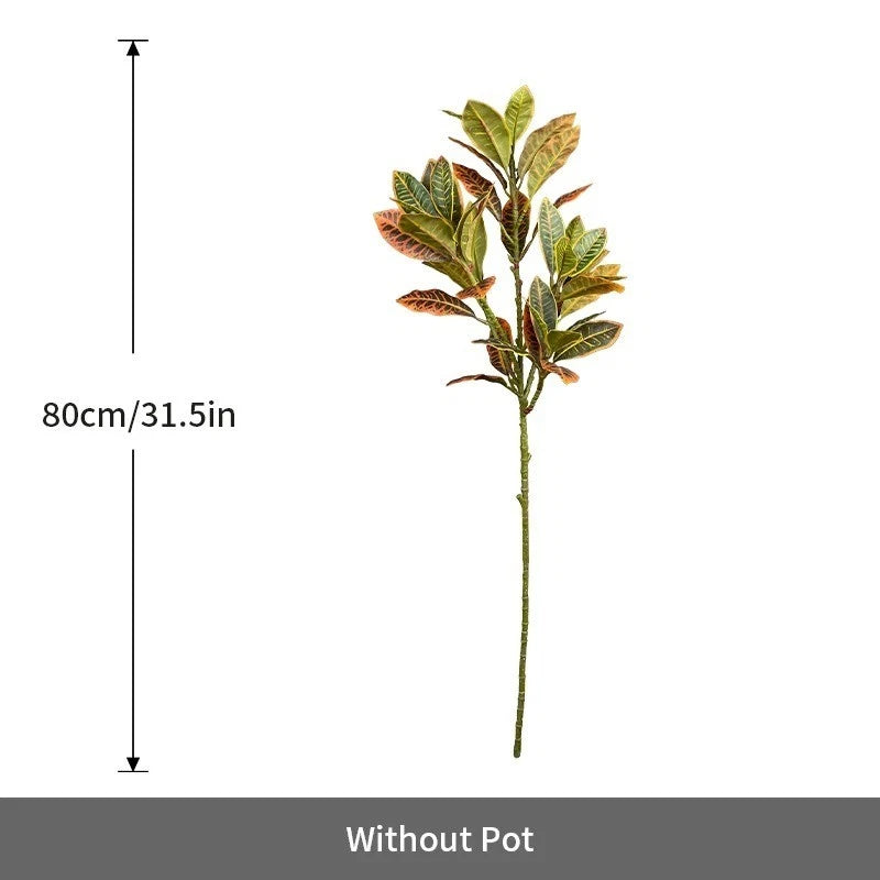 Artificial tropical faux ficus plant stem with multicolor leaves, without pot