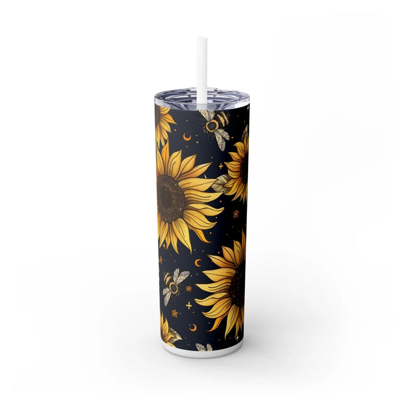 Sunflower skinny tumbler with straw, dark navy pattern of sunflowers and bees