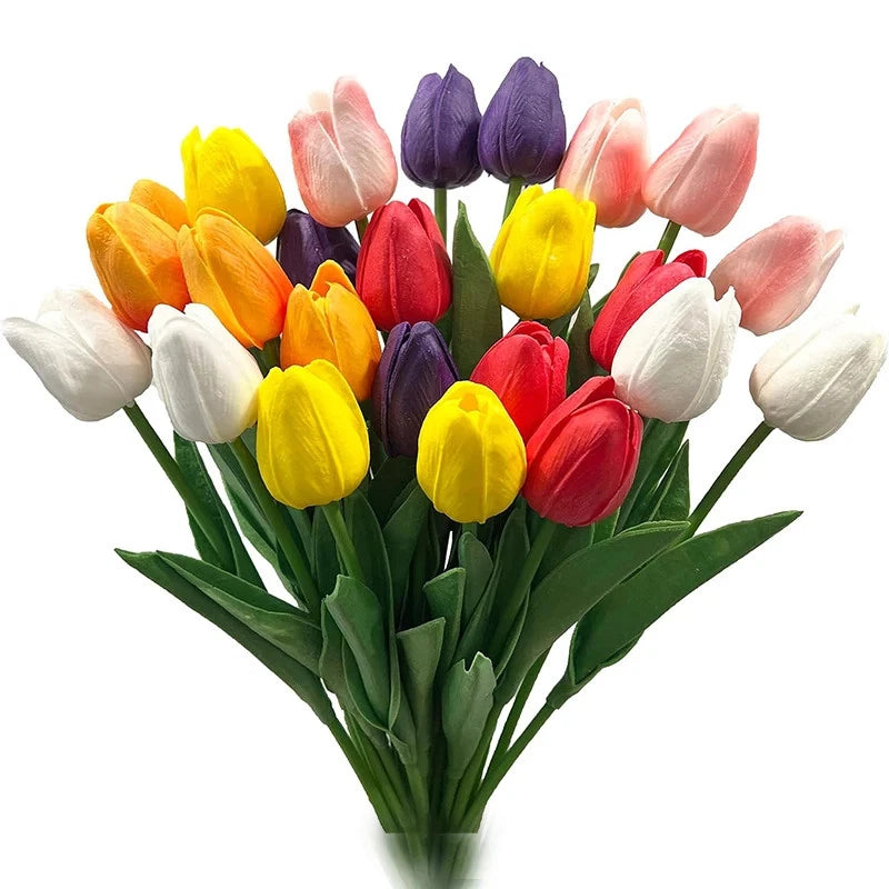 Multicolor faux tulip bouquet with white, yellow, red, purple blooms and green leaves