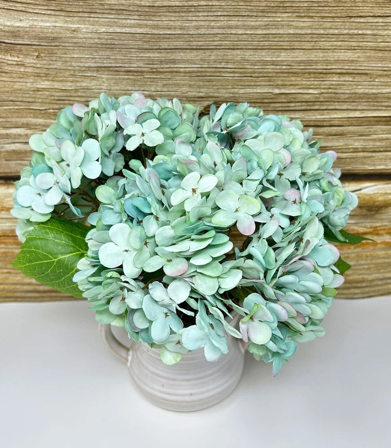 9" Small Artificial Blue-Green Turquoise HYDRANGEA faux Silk flowers in White 2- Hydrangea