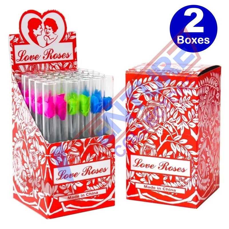 Love Roses glass tube boxes, 2-pack, red rose floral design with heart logo