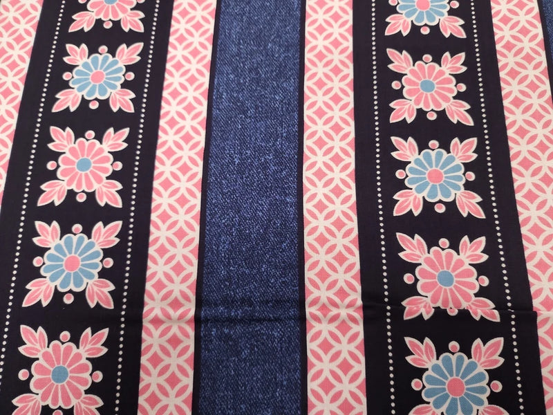 Water Lily Cotton Fabric Flower Border Stripe Kanvas  Floral By the Yard Flowering Plants