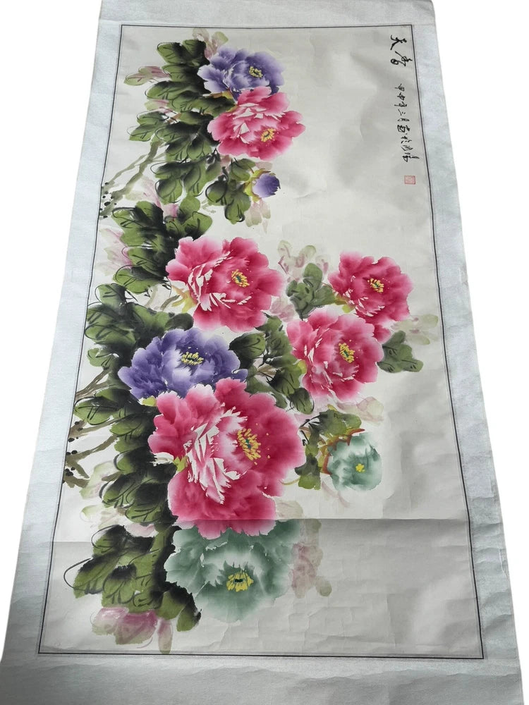 Watercolor Hanging Scroll Painting Chinese Peony Flower Stamped Signed Peony