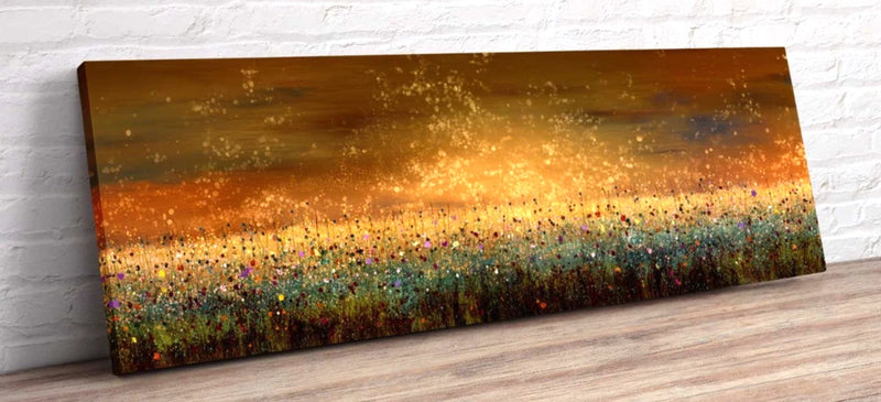 Panoramic canvas wall art with abstract sunflower field under golden sun rays