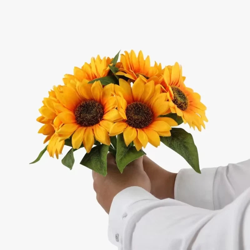 Artificial 5-head sunflower long-stem decor with orange-yellow blooms and green leaves