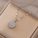 Silver Titanium Flower Sunflower Daisy Pave CZ Pendant Chain Necklace Sunflower