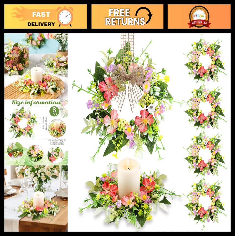 8 Pcs Mini Floral Wreaths - Artificial Flower Candle Rings for Wedding, Home Dec Hydrangea